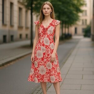 MEGHAN MATTHEWS Babydoll Dress Women’s Size 12 Chiffon Floral Semi-sheer